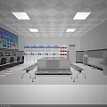Modern Meeting Room Interior With Geometric Ceiling Square Lights Large Windows Green View And Colorful Display Screen