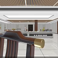 Modern Buffet Restaurant Interior Design With Long Buffet Table And Wooden Ceiling Lighting
