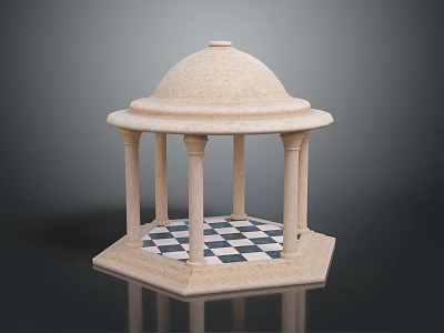 Stone Gazebo Model Featuring Dome Structure With Columns And Hexagonal Black White Checkered Floor 3d model