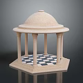 Stone Gazebo Model Featuring Dome Structure With Columns And Hexagonal Black White Checkered Floor 3d model