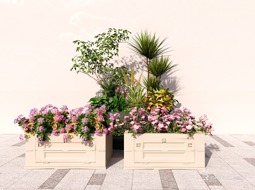 Outdoor Beige Flower Planters With Pink Flowers And Green Plants On Patio 3d model 