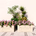 Outdoor Beige Flower Planters With Pink Flowers And Green Plants On Patio
