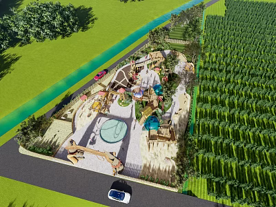 Outdoor Children's Playground With Play Structures Sandpit Green Grass And Aerial View 3d model
