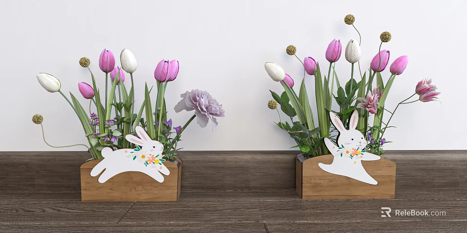 Wooden Flower Vases With White Rabbit Decorations Pink White Tulips Purple Blooms White Wall Background 3d model 