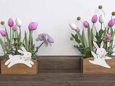 Wooden Flower Vases With White Rabbit Decorations Pink White Tulips Purple Blooms White Wall Background 3d model