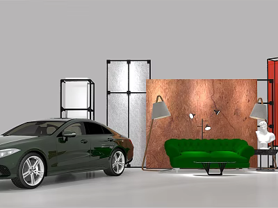 Stylish Photo Spot With Dark Green Car Green Sofa And Geometric Frames 3d model