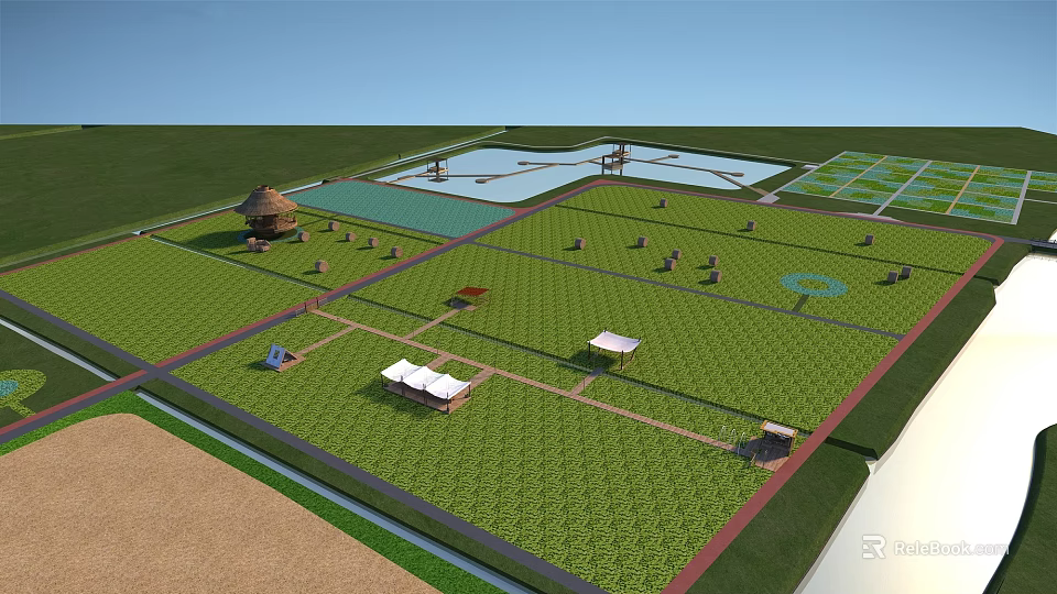 Planned Green Landscape With Water Pool Small Pavilions Tents And Fields 3d model 
