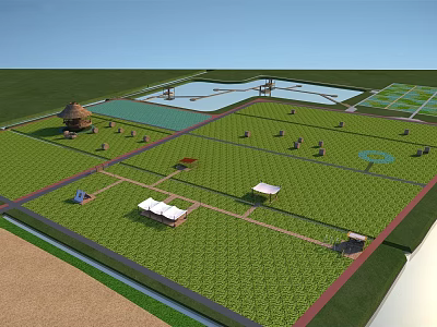 Planned Green Landscape With Water Pool Small Pavilions Tents And Fields 3d model