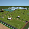 Planned Green Landscape With Water Pool Small Pavilions Tents And Fields