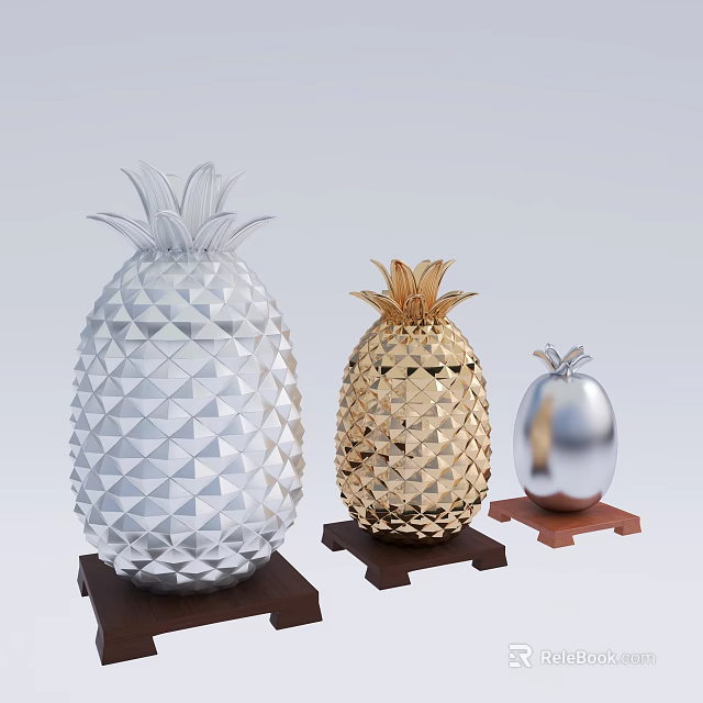 Decorative Ornament Set Pineapple Shaped Silver Gold Decorations with Base Stands 3d model 
