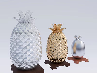 Decorative Ornament Set Pineapple Shaped Silver Gold Decorations with Base Stands 3d model