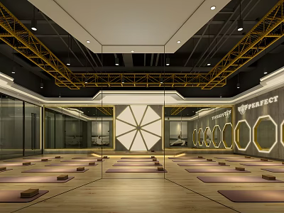 Modern Yoga Fitness Studio With Spacious Area Yoga Mats And Mirror Walls 3d model