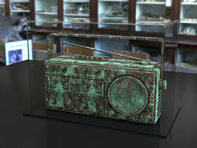 Bronze Radio Shaped Sculpture With Intricate Carving Details In Display Case 3d model