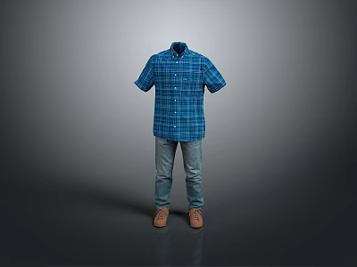 Stylish Men's Blue Plaid Shirt With Casual Jeans And Brown Shoes 3d model