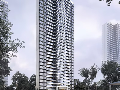 Urban Modern High Rise Residential Tower with Balconies Surrounded by Trees 3d model