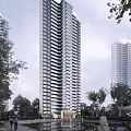 Urban Modern High Rise Residential Tower with Balconies Surrounded by Trees