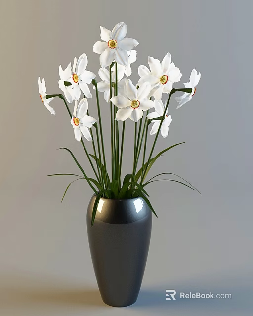 Elegant Potted Plant With White Flowers Green Stems And Gray Vase 3d model 