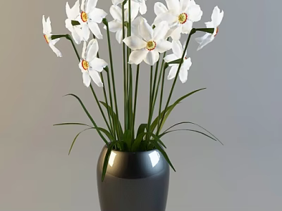 Elegant Potted Plant With White Flowers Green Stems And Gray Vase 3d model