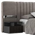 Modern Double Bed With Tufted Headboard Gray Linen Bedding And Wooden Nightstand