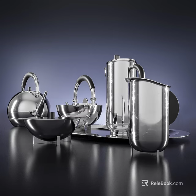 Silver Metal Dinnerware Set With Modern Design Kettle Bowl And Tray 3d model