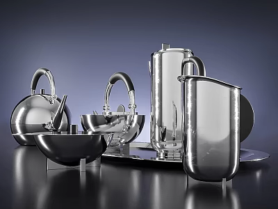 Silver Metal Dinnerware Set With Modern Design Kettle Bowl And Tray 3d model