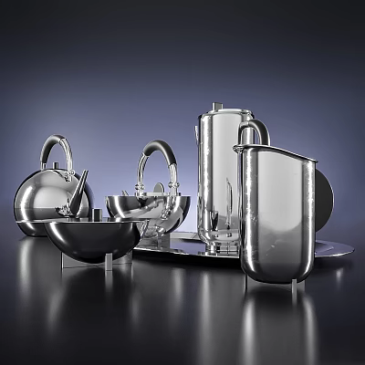 Silver Metal Dinnerware Set With Modern Design Kettle Bowl And Tray 3d model