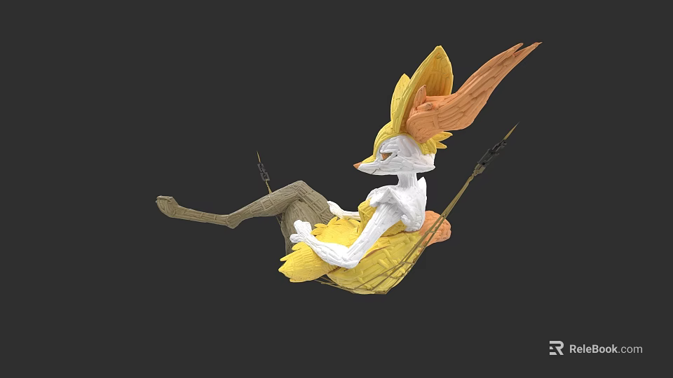 Fox Like White Game Movie Character Sitting On Swing With Flowing Yellow Ears And Dress 3d model 