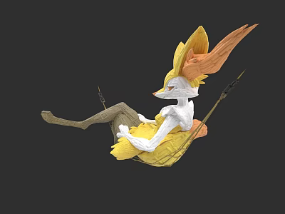 Fox Like White Game Movie Character Sitting On Swing With Flowing Yellow Ears And Dress 3d model