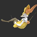 Fox Like White Game Movie Character Sitting On Swing With Flowing Yellow Ears And Dress