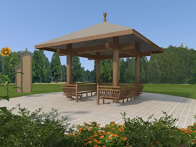 Wooden Pavilion With Roof And Benches In Garden With Grassland Trees And Flowers 3d model