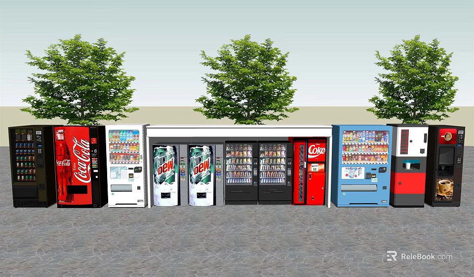 Outdoor Commercial Vending Machines With Various Beverage Options And Coca Cola Branding 3d model 