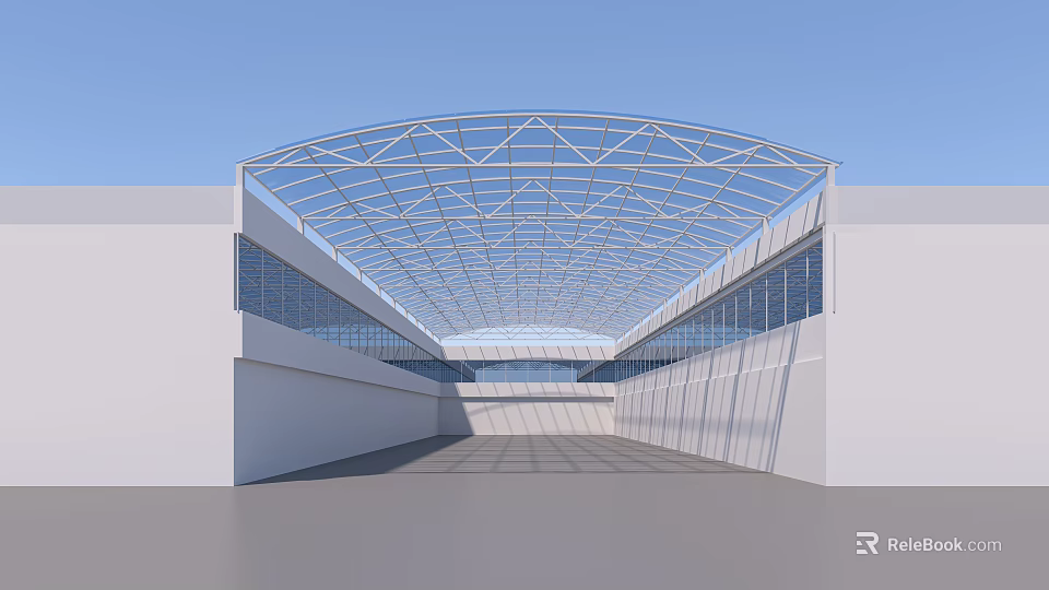 Modern Canopy With Curved Metal Frame Structure Covering Open Space Between White Wall And Windows 3d model 