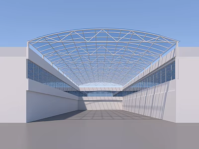 Modern Canopy With Curved Metal Frame Structure Covering Open Space Between White Wall And Windows 3d model