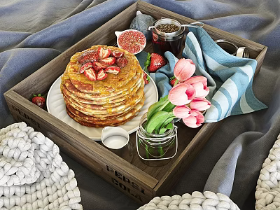 Stacked Pancakes With Strawberries Figs On Wooden Tray Blue White Striped Cloth And Pink Tulips 3d model
