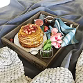 Stacked Pancakes With Strawberries Figs On Wooden Tray Blue White Striped Cloth And Pink Tulips