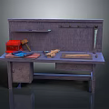 Practical Wooden Workbench With Tools Hammer Ruler Red Box Wooden Boards And Hanging Tools