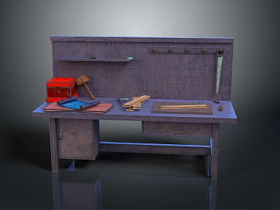 Practical Wooden Workbench With Tools Hammer Ruler Red Box Wooden Boards And Hanging Tools 3d model