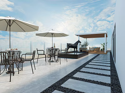 Modern Outdoor Terrace With Tables Chairs Umbrellas Sculpture And Paved Floor 3d model