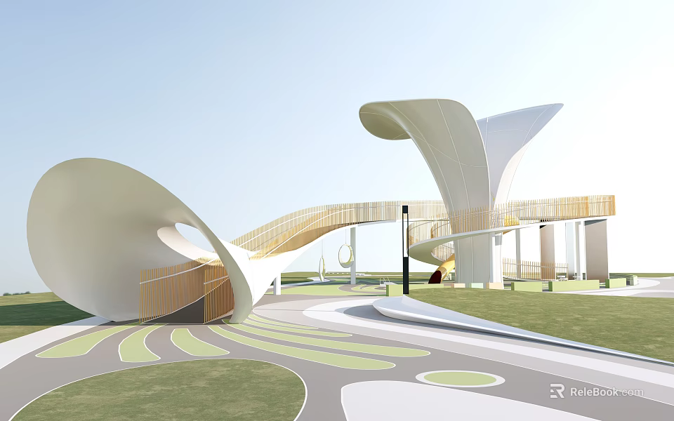 Modern Park Landscape With Curved White Structures Wooden Walkways And Green Lawns 3d model 