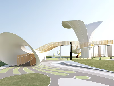 Modern Park Landscape With Curved White Structures Wooden Walkways And Green Lawns 3d model