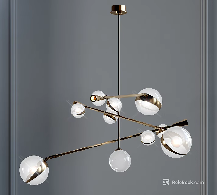 Modern Spherical Chandelier with Brass Cross Bars and Glass Globes for Contemporary Interior Decoration 3d model 