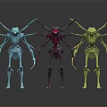Colorful Alien Creature Characters in Blue Red Yellow with Long Limbs on Dark Background