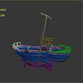 Blue Wooden Boat Model Featuring Mast And Coiled Fishing Net Details