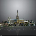 Church Building Model With Tall Spire Yellow White Exterior Green Decor Elements Reflection Base