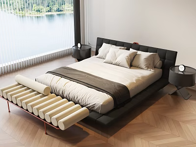 Modern Minimalist Double Bed with Black Headboard Pillows Bench Nightstands Lamps Lake View Wooden Floor 3d model