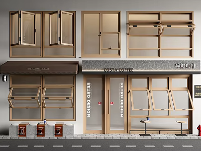 Wooden Window Storefront Designs With Awnings Display Shelves And Modern Entrance 3d model