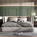 Modern Bedroom Interior Design With Green Paneled Wall Wooden Accents Upholstered Bed And Area Rug