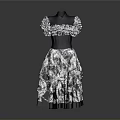 Elegant Women's Dress With Black Top And White Pattern Fluffy Skirt