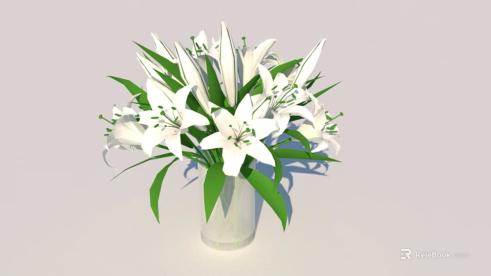Beautiful White Lilies Arrangement in White Vase with Fresh Green Leaves 3d model 