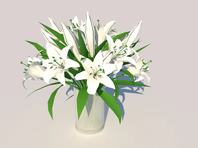 Beautiful White Lilies Arrangement in White Vase with Fresh Green Leaves 3d model